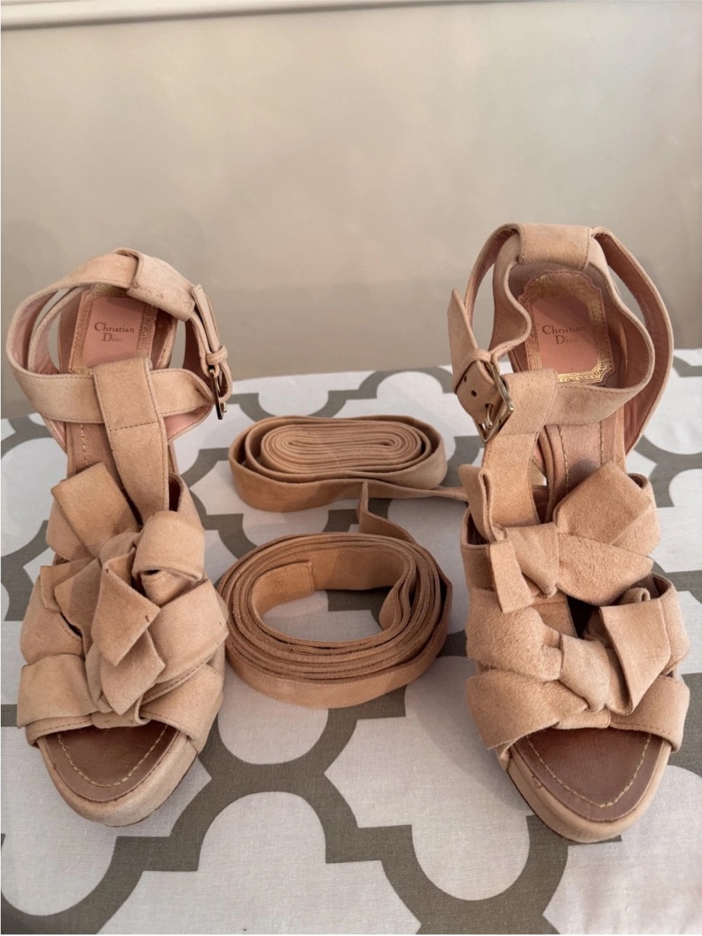 Vintage Christian Dior Galliano Ingenue Blush Suede Bow Platform Sandal 37